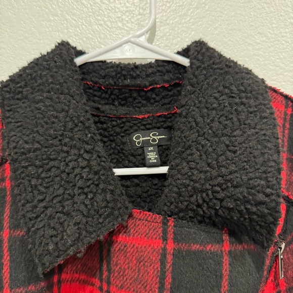 Jessica Simpson Plaid Buffalo Check Jacket Sz 2X Fleetwood Sherpa Moto Red Black - Picture 7 of 14